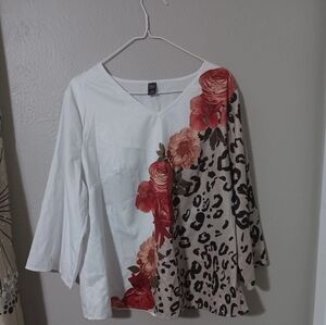 Asymmetrical White and Red Floral Blouse